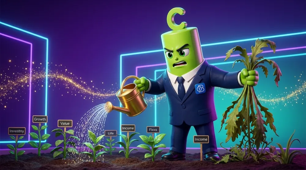 The Call mascot in a navy suit watering a neat garden of labeled stock plants while pulling out one wilted overgrown weed
