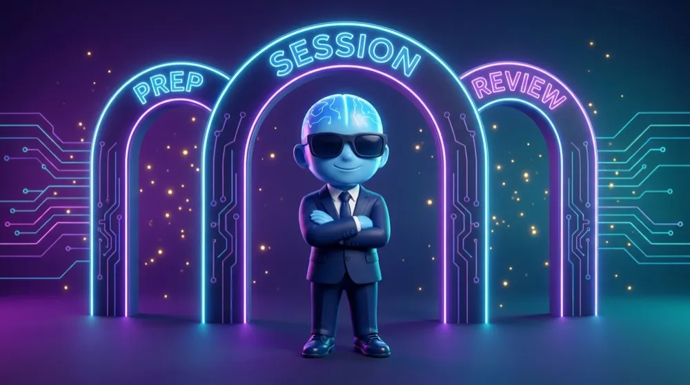 The AI Mentor mascot in a navy suit standing inside a glowing three-stage loop labeled PREP, SESSION, REVIEW