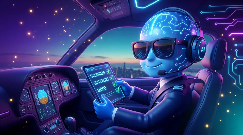 The AI Mentor mascot in a navy suit as a pilot running a pre-flight checklist labeled CALENDAR, WATCHLIST, MOOD before the market opens