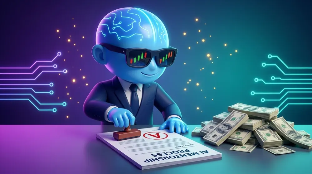 The AI Mentor mascot in a navy suit stamping a report card that grades PROCESS with an A while a pile of cash sits ignored to the side