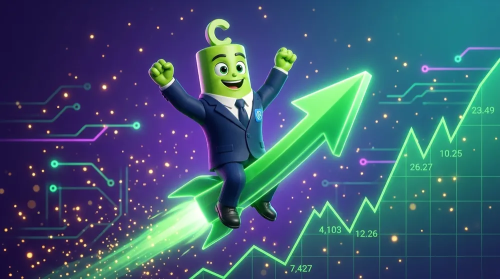 The call mascot riding a rising green arrow up a chart