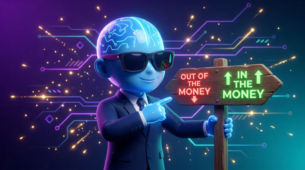 The AI Mentor pointing at an in-the-money versus out-of-the-money signpost