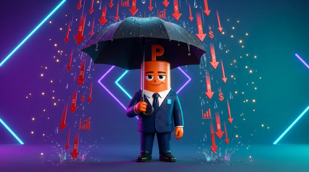 The put mascot holding an umbrella as red losses rain down