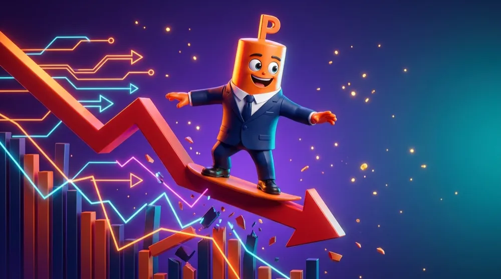 The put mascot cheerfully surfing a falling red arrow down a chart