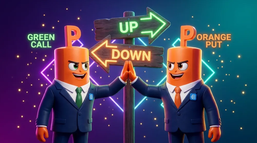 The call mascot high-fiving the put mascot in front of a two-way up-and-down signpost