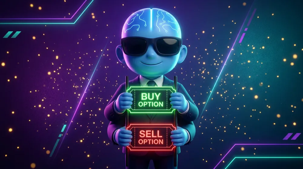 The blue AI Mentor holding two option tickets side by side, one glowing green for buy and one red for sell, stacked vertically like rungs on a ladder