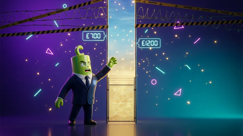 The green call mascot in a navy suit reaching up to a fenced-off slice of glowing sky between two price markers, the rest of the sky roped off above