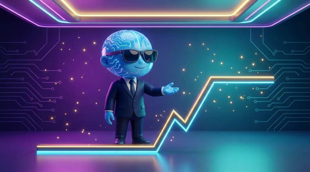 The blue AI Mentor standing between a low floor and a low ceiling, gesturing at a payoff line that is flat on the left, kinks upward, then flattens again on the right