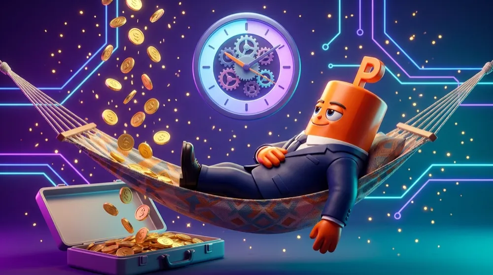 The green put mascot in a navy suit leaning back in a hammock as coins drop into an open account tray, a calm clock ticking overhead