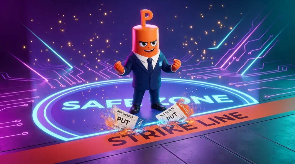 The green put mascot standing inside a wide glowing safe zone above a marked strike line, both expiring put tickets crumbling to dust at his feet