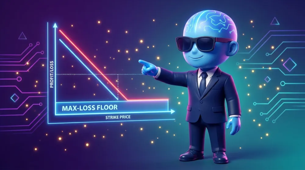 The blue AI Mentor pointing at a payoff diagram where a falling line drops then flattens hard against a labelled max-loss floor at the lower strike