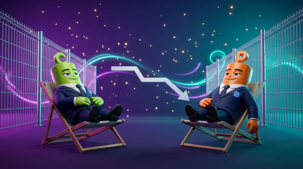The green put and green call mascots in navy suits relaxing on lawn chairs inside a wide fenced range while a flat price line drifts sleepily between them