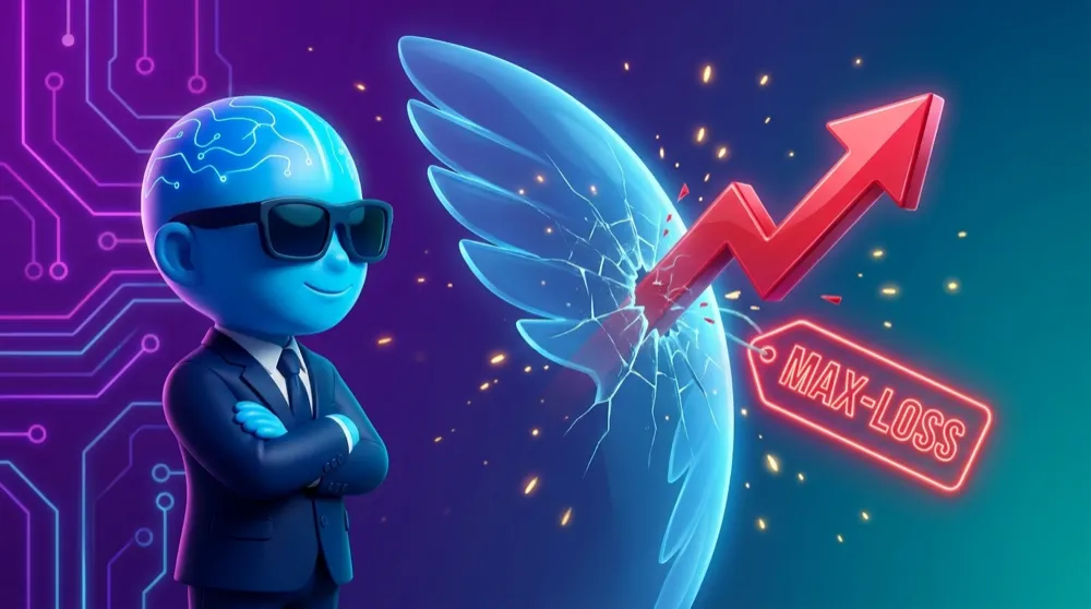 The blue AI Mentor watching a runaway price arrow slam into a protective wing barrier that stops it cold, a max-loss tag glowing beside it