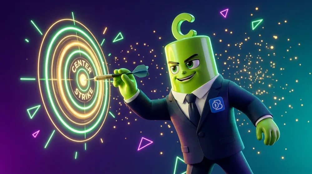 The green call mascot throwing a dart that lands dead center on a target labelled with the center strike, profit rings glowing outward from the pin