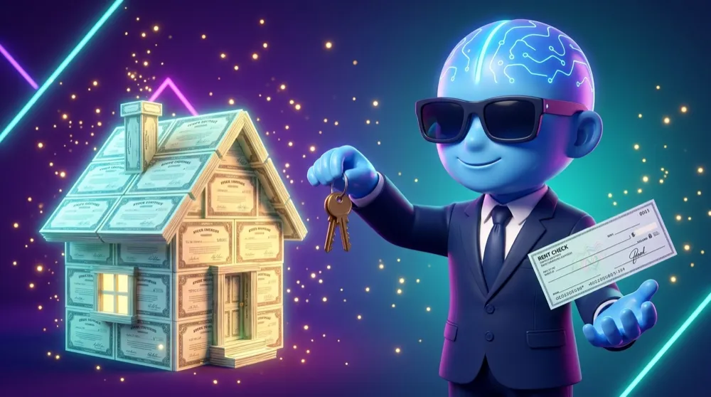 The blue AI Mentor dressed as a landlord handing over keys to a house made of stock certificates while a rent check floats into his other hand