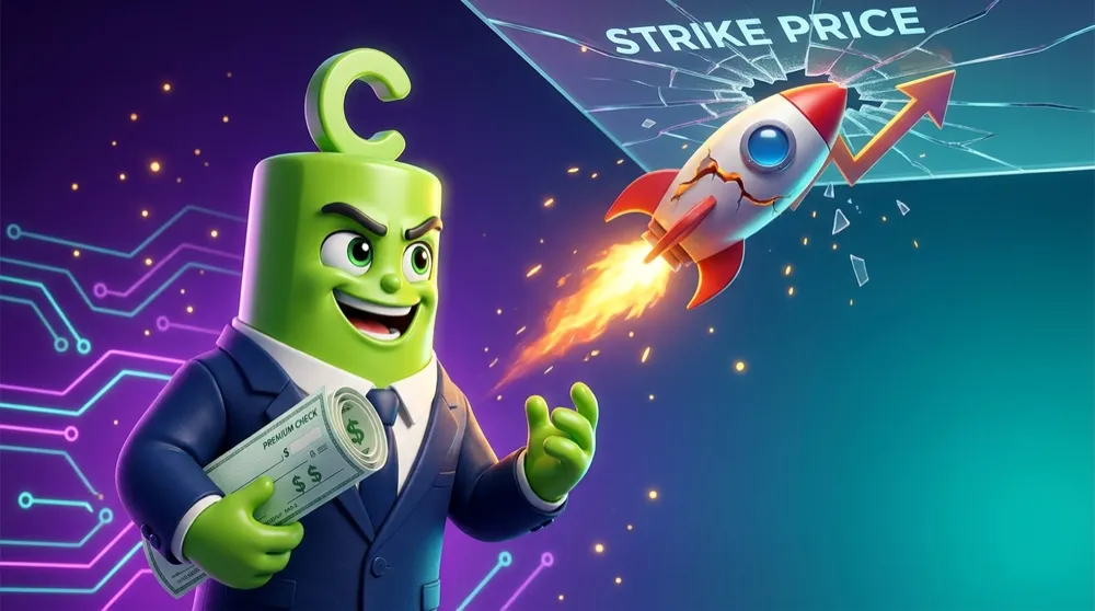 The green call mascot in a navy suit watching a rising stock rocket bonk against a glass ceiling at the strike price, a premium check tucked happily under his arm