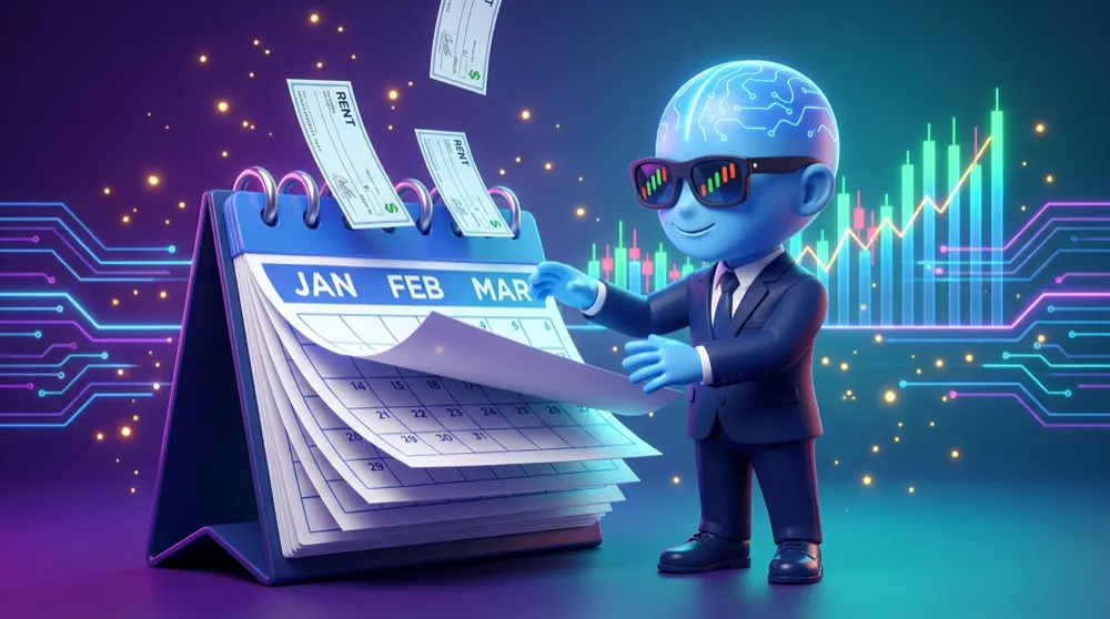 The blue AI Mentor flipping a calendar month by month as a fresh rent check drops in for each one, the same stock shares glowing steadily in the background