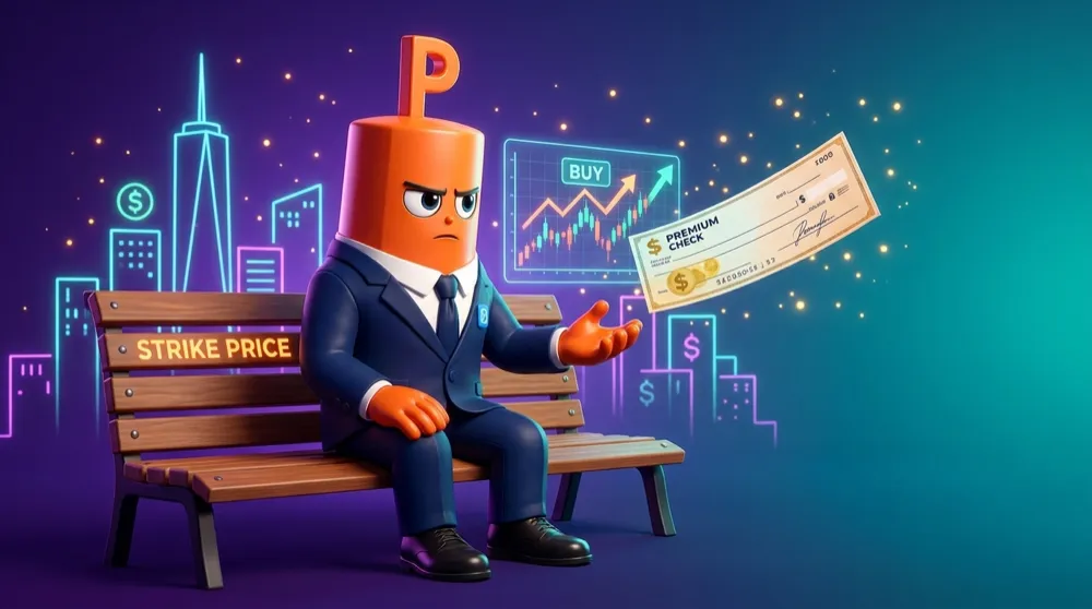 The green put mascot in a navy suit sitting patiently on a park bench labelled with a strike price, catching a premium check while eyeing a stock he wants to buy