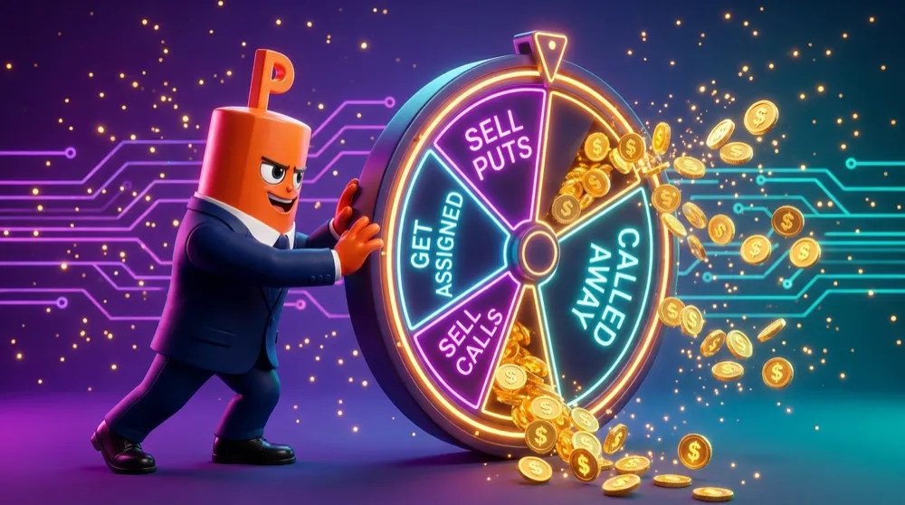 The green put mascot pushing a giant glowing wheel marked with four stations — sell puts, get assigned, sell calls, called away — premium coins spilling out at every turn