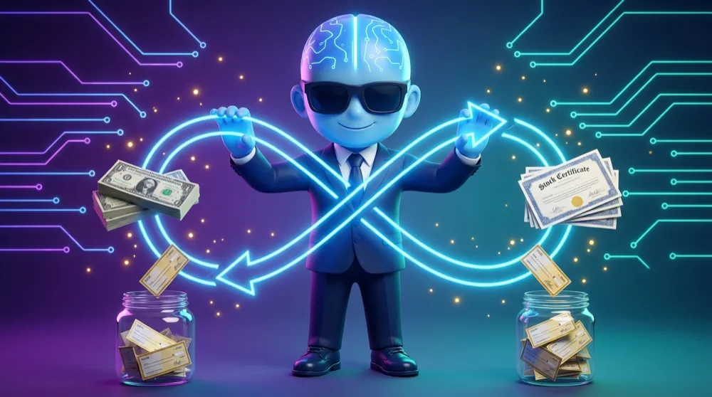 The blue AI Mentor tracing an endless loop arrow from cash to shares and back, small premium checks dropping into a jar at each stage of the cycle