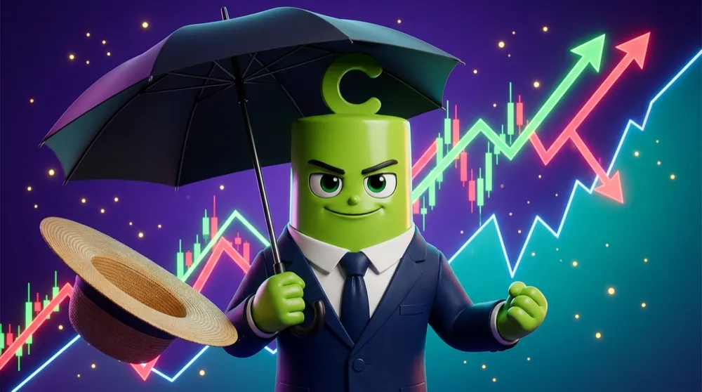 The green call mascot in a navy suit holding an umbrella in one hand and a sunhat in the other, ready for a storm from any direction as a stock chart looms