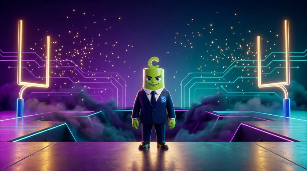 The green call mascot standing at a center strike with two glowing break-even goalposts far to the left and right, a valley of loss dipping between them