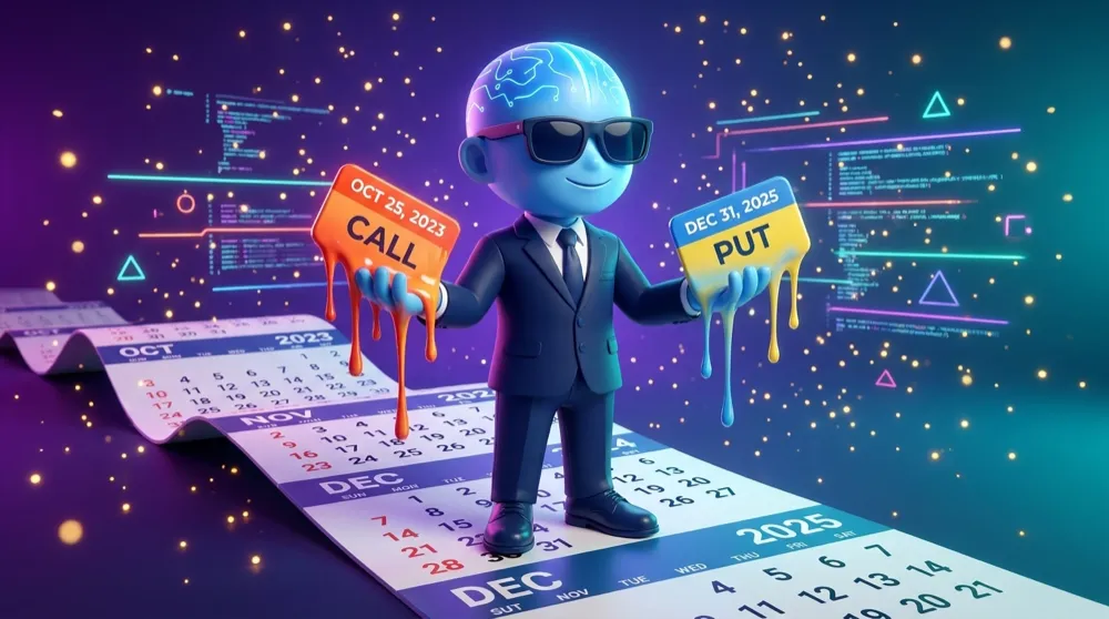 The blue AI Mentor standing on a calendar laid flat like a path, holding a near-dated option melting fast in one hand and a far-dated option melting slowly in the other