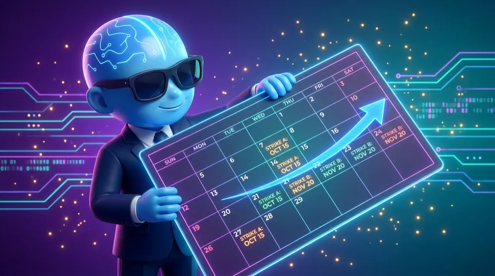 The blue AI Mentor tilting a calendar spread diagram so its two legs sit at different strikes and dates, an arrow showing a gentle directional lean
