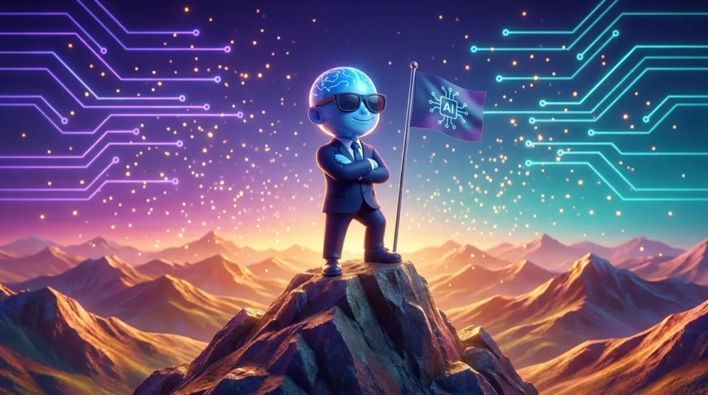 The blue AI Mentor standing triumphantly on a mountain summit flag planted in a peak, the full range of strategy mountains stretching out below in warm light