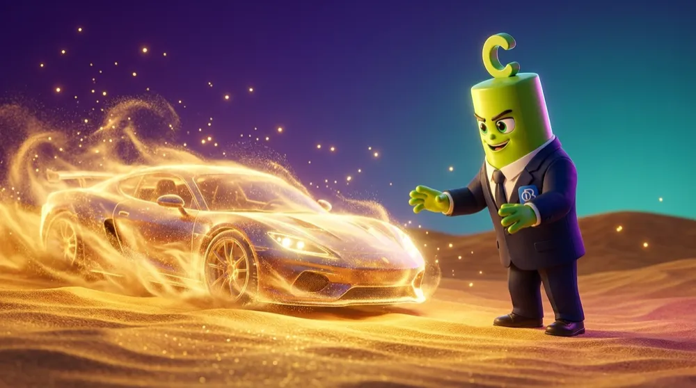 A green C-headed mascot in a navy suit reaches toward a shimmering sports-car mirage that dissolves into desert sand