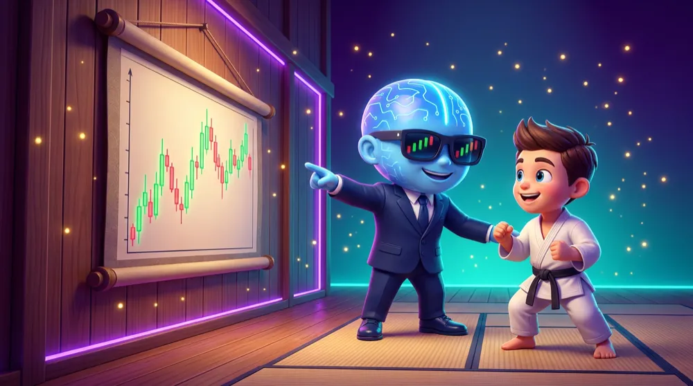 The blue circuit-skull AI Mentor with a chart-visor coaches a rookie trader in a martial-arts dojo, a candlestick chart hanging like a training scroll