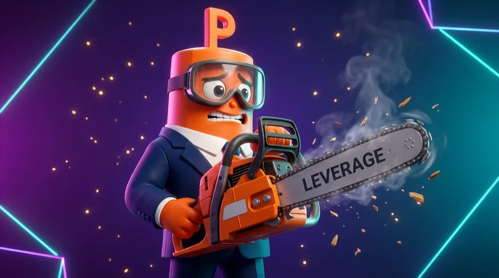 An orange P-headed mascot in a navy suit cautiously holds a running chainsaw labelled LEVERAGE, wearing safety goggles and a nervous grin