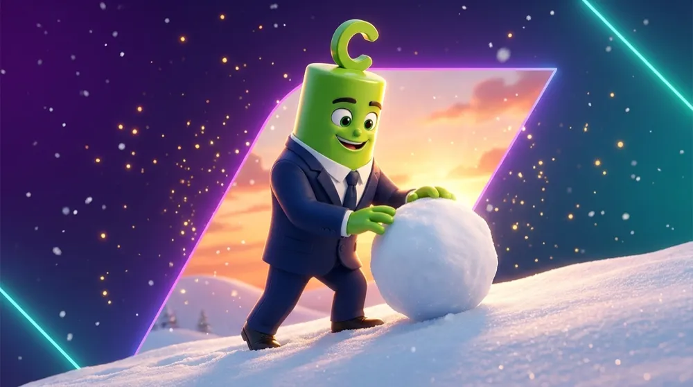 The green C-headed mascot in a navy suit calmly rolls a small snowball up a gentle hill as it grows into a larger one, sunrise behind