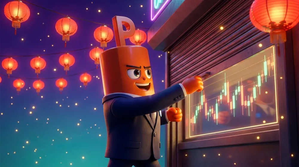 The orange P-headed mascot in a navy suit opens a shop shutter at dawn under glowing red paper lanterns, a candlestick chart glowing in the window
