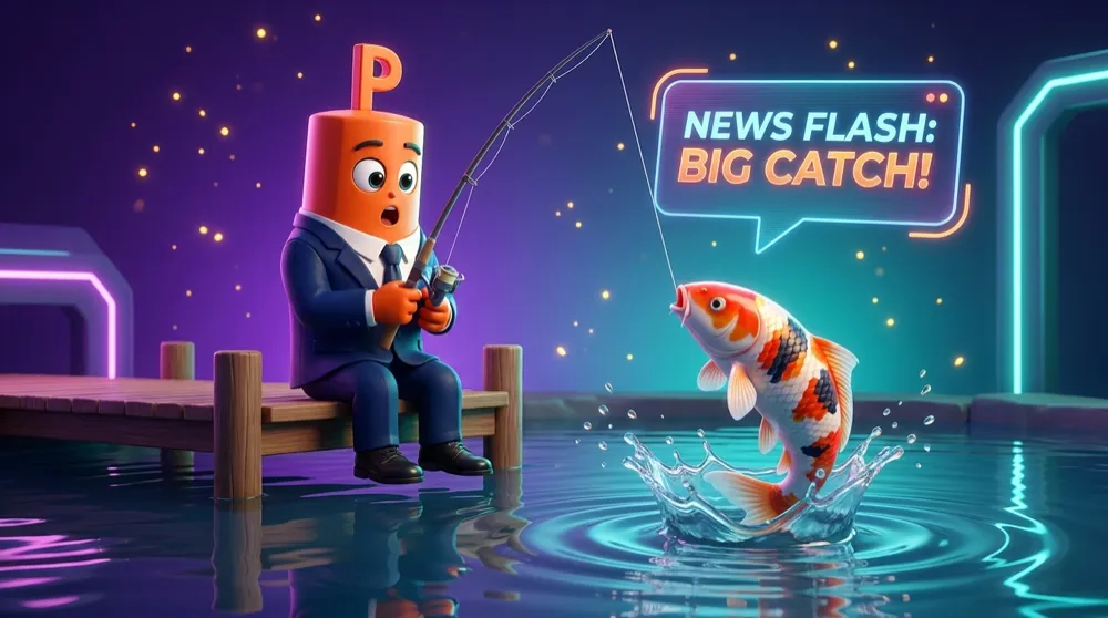 The orange P-headed mascot fishes patiently from a still koi pond that suddenly ripples as a large fish surfaces, a news alert popping above
