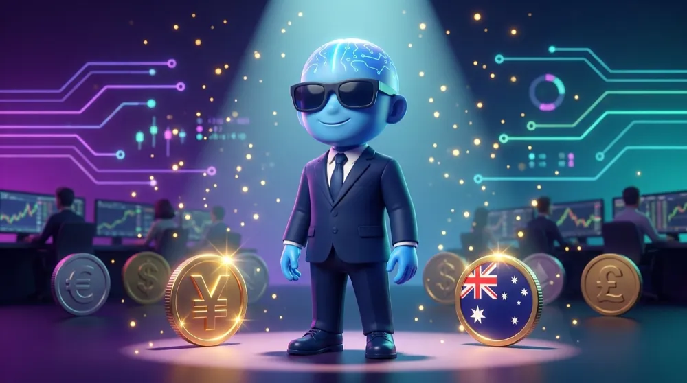 A spotlight on a busy trading stage picks out a glowing yen coin and an Australian dollar coin while other currency coins sit dim in the background