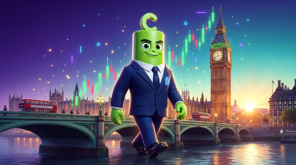 The green C-headed mascot in a navy suit strides confidently across a busy London bridge at sunrise, Big Ben behind and a rising candlestick chart in the sky