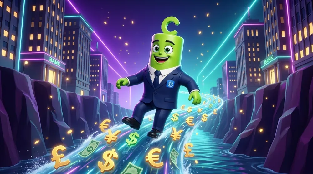 The green C-headed mascot happily rides a fast-flowing river of glowing currency symbols through a canyon of tall bank towers
