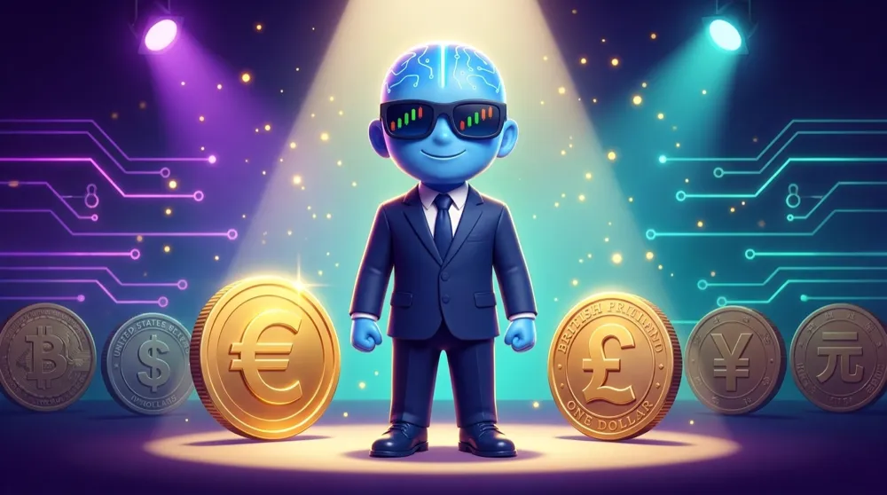 Bright stage spotlights pick out a glowing euro coin and a British pound coin taking center stage while other currency coins wait in the wings