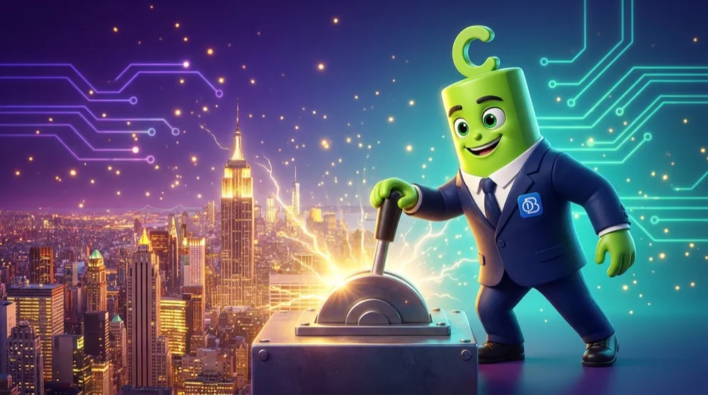 A mascot flipping the switch on a glowing New York skyline at market open