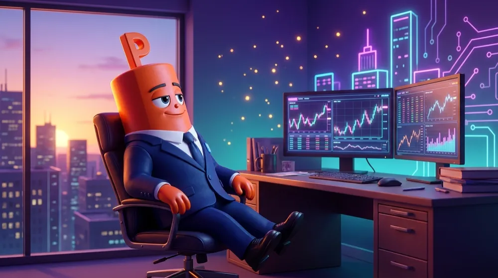 A mascot relaxing at a quiet trading desk as the afternoon light fades over the city