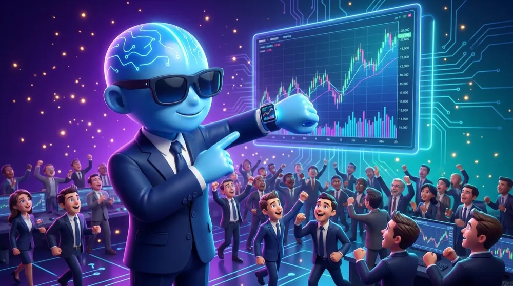 The AI Mentor pointing a glowing wristwatch at a chart as a crowd of traders floods a trading floor