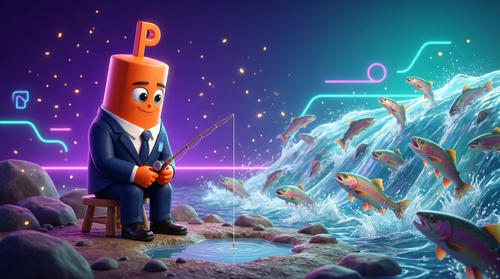 A cautious mascot fishing in a tiny puddle beside a roaring river full of fish
