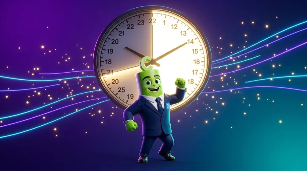 An upbeat mascot dancing under a giant clock lit up at the overlap hours while the quiet hours sit dim