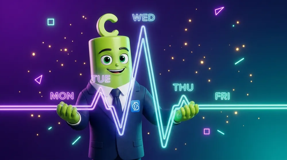 An upbeat mascot reading a giant weekly calendar drawn as a heartbeat line rising to a midweek peak