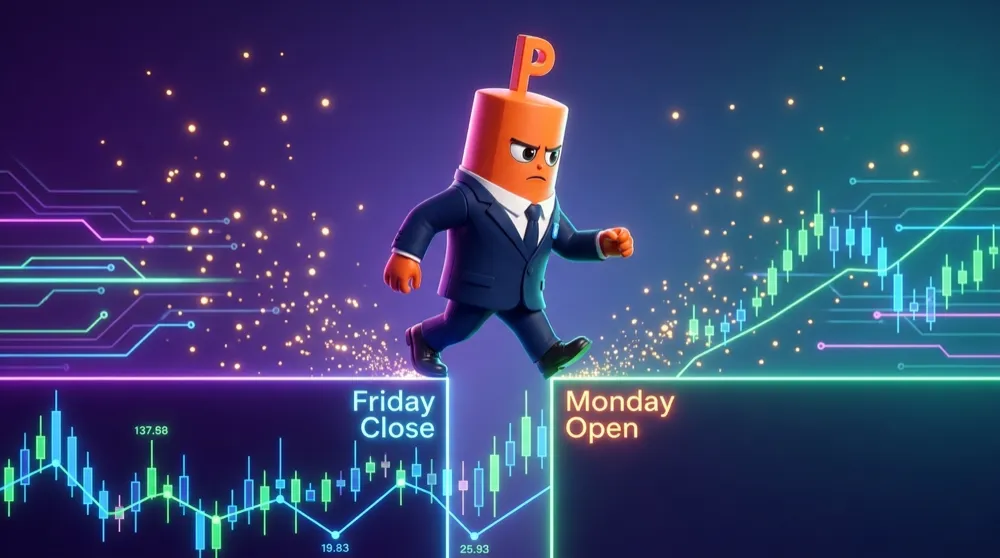 A cautious mascot hopping across a visible gap between Friday’s close and Monday’s open on a price chart