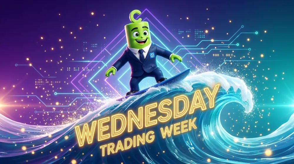 An upbeat mascot surfing a tall wave labelled Wednesday at the crest of the trading week