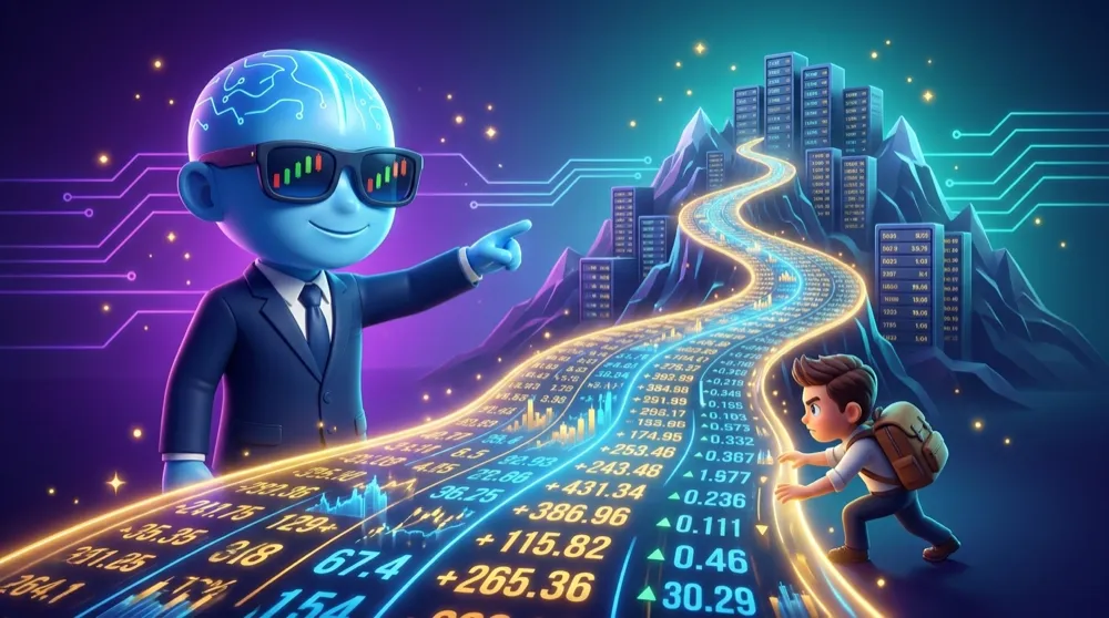 AI Mentor pointing to prices flowing like a river down from mountain-top banks toward a small trader at the bottom