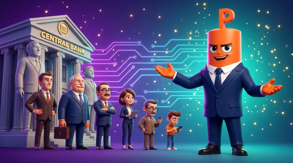 Put mascot gesturing to a lineup of forex players from a towering central bank down to a small retail trader