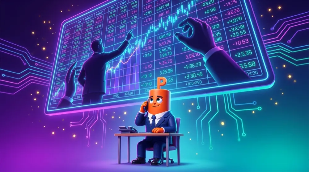 Put mascot as a small trader on a phone, calmly watching the giants move the market above
